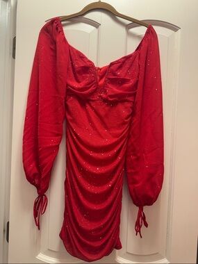NEED GONE - Red Glitter Long-Sleeve Ruched Mini Dress